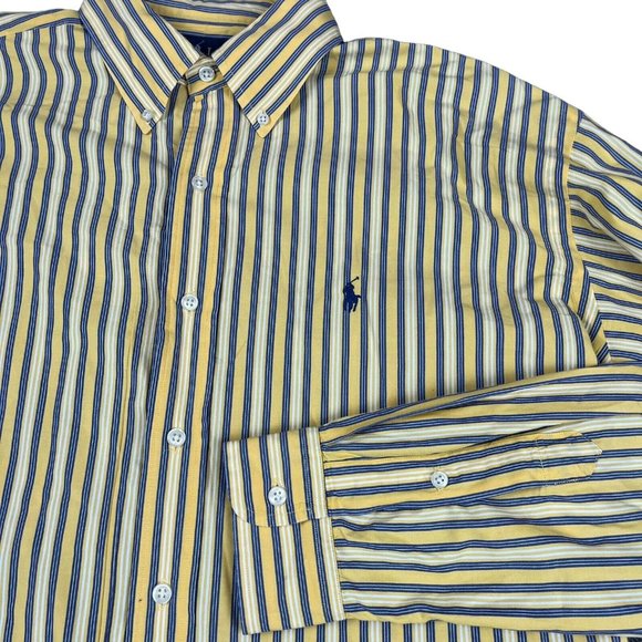 Ralph Lauren Button Up Long Sleeve‎ Blake Shirt Yellow Navy Cotton Men's Size L - Picture 1 of 16